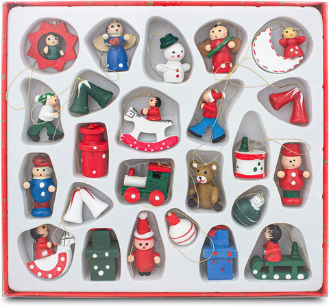 BRUBAKER Wooden Christmas Tree Ornaments - 24 Pieces - Hand-Painted Figurines - Traditional Christmas Hangers - Up to 1.6 Inches
