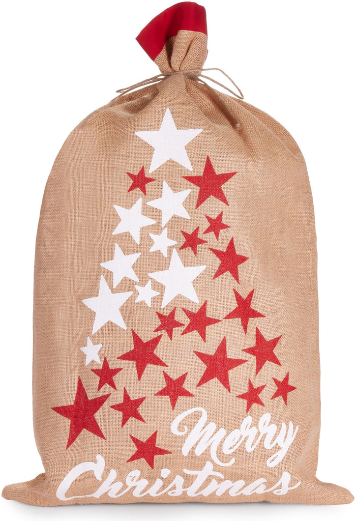 BRUBAKER Christmas Sack Stars White & Red - Merry Christmas Holiday Gift Bag - Santa Sack - Jute Sack