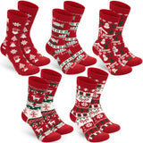 BRUBAKER 5 Pairs of Christmas Socks with Norwegian Pattern - Cotton - Red & White - Gift Set for Women & Girls