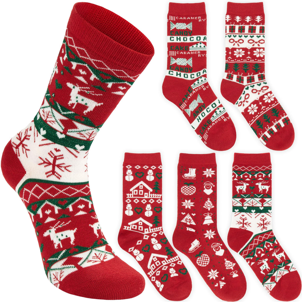 BRUBAKER 5 Pairs of Christmas Socks with Norwegian Pattern - Cotton - Red & White - Gift Set for Women & Girls