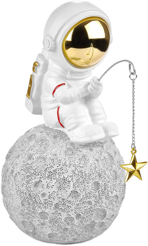 BRUBAKER Figurine Astronaut Sitting on The Moon Fishing for Stars - 6.7 Inch Spaceman Space Decor Figure with Fishing Rod and Chrome Plated Helmet - Hand Painted