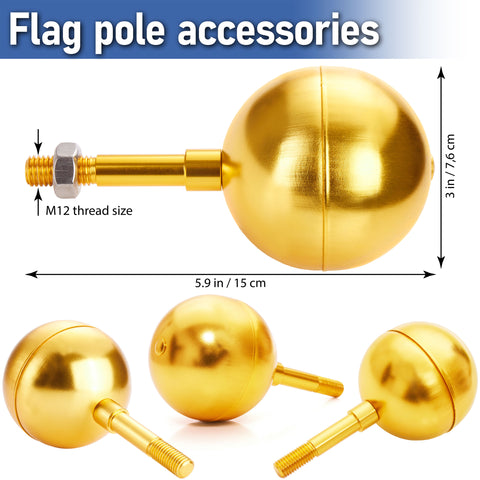 Brubaker Flag Pole Repair Kit - Aluminum Hardware Parts Replacement Sections for Flagpoles with 1.7 in Diameter - Topper Gold Ball M12 Thread + Rope +