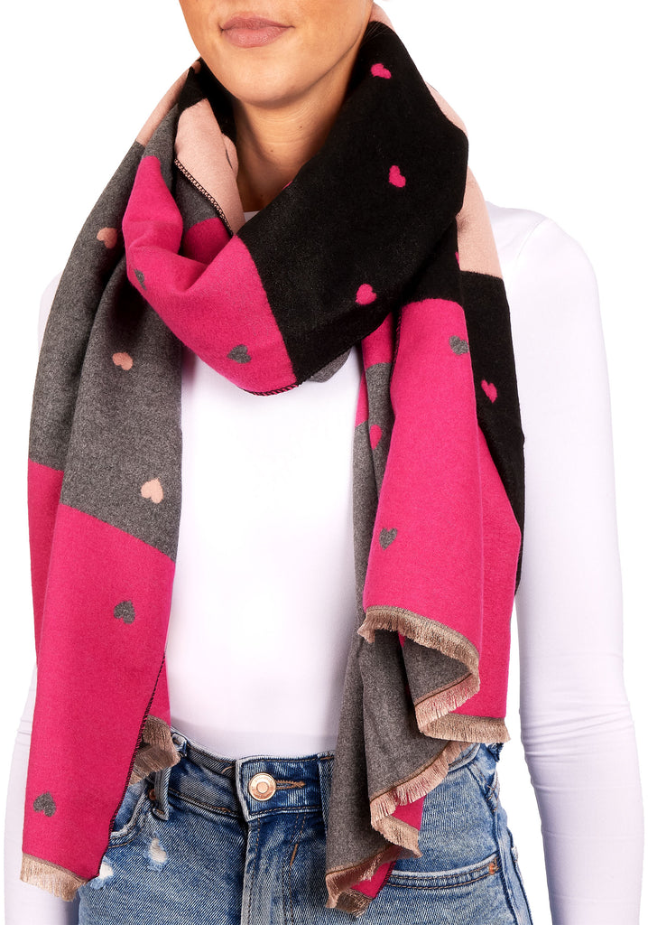 BRUBAKER Cashmirillo Women’s Scarf with Heart Pattern – 78.7" x 27.5" - Pink/Black