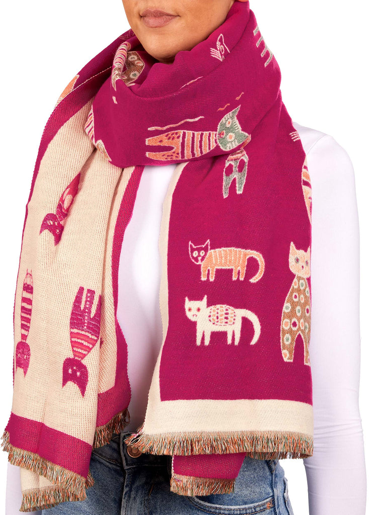 BRUBAKER Cashmirillo Women’s Scarf with Cat Pattern – 78.7" x 27.5" - Pink