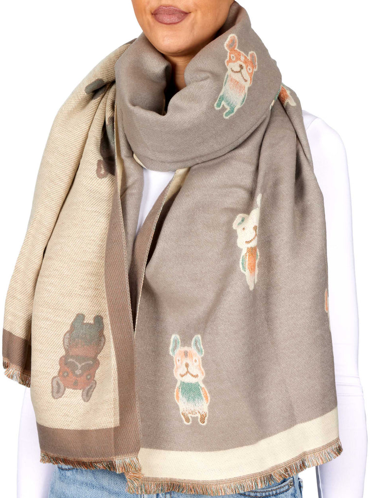 BRUBAKER Cashmirillo Women’s Scarf with Bulldog Pattern – 78.7" x 27.5" - Beige