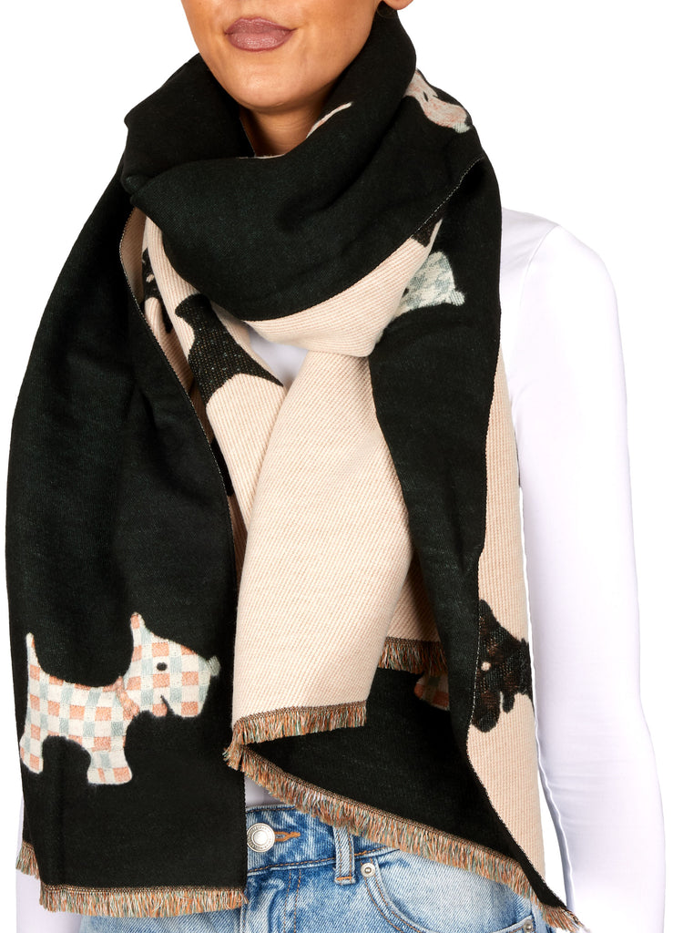 BRUBAKER Cashmirillo Women’s Scarf with Dog Pattern – 78.7" x 27.5" - Black