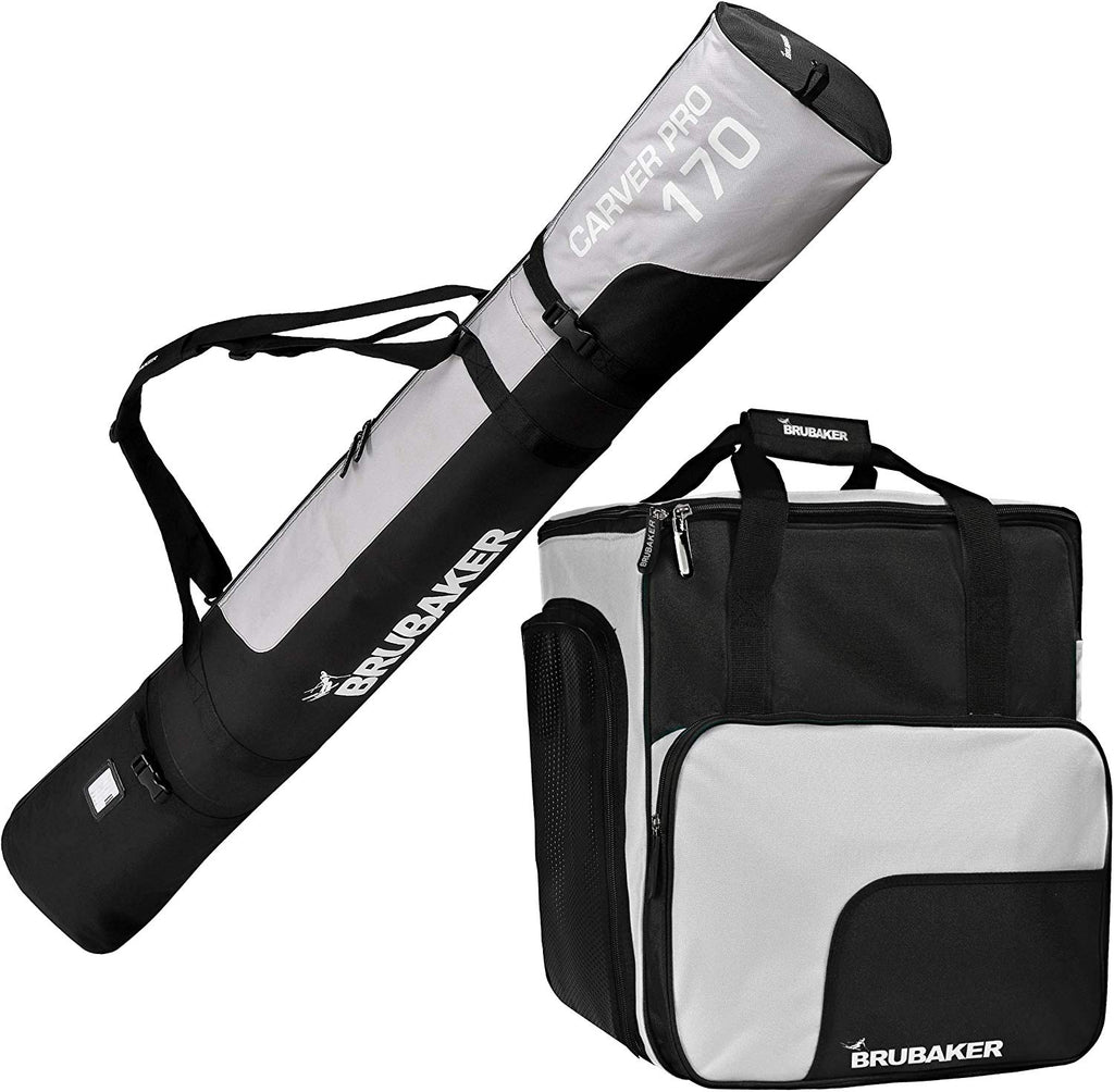 BRUBAKER Combo Set CarverPro XP - Ski Bag with Padded Shoulder Straps and Ski Boot Bag for 1 Pair of Skis + Poles + Boots + Helmet - Black Silver (170 cm )