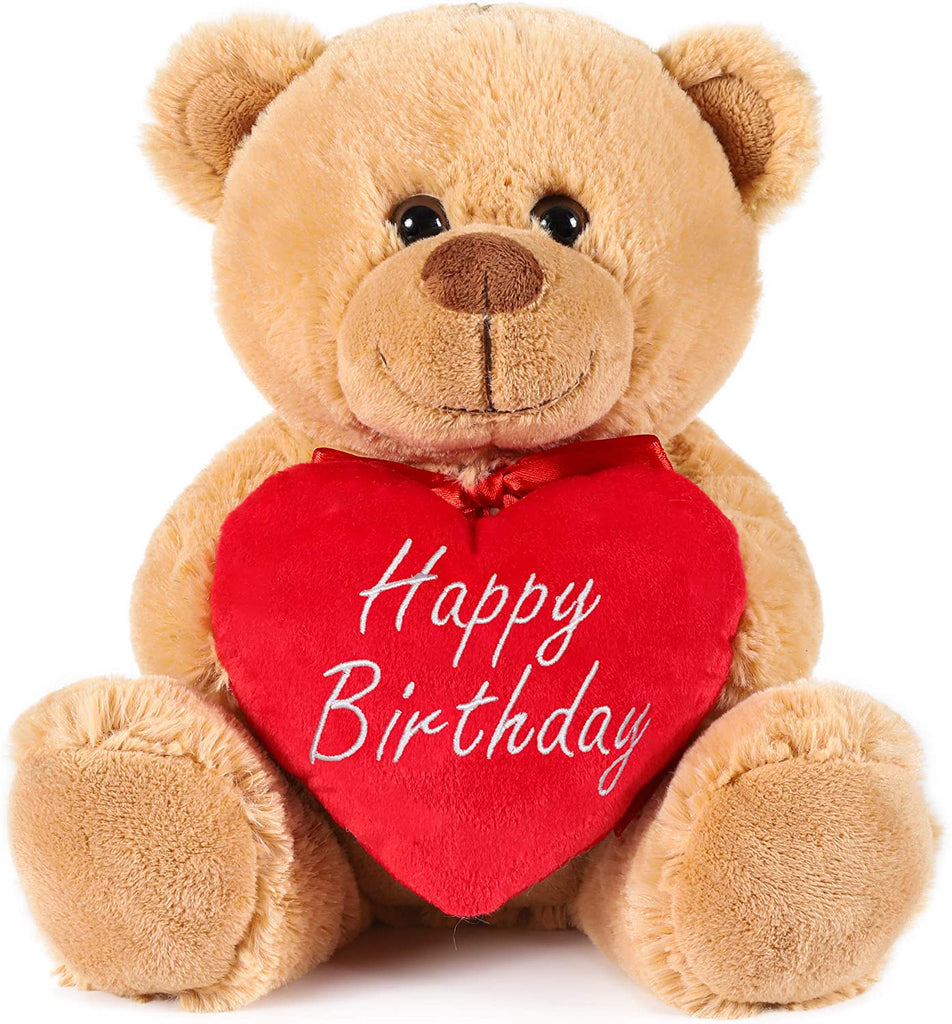 BRUBAKER Teddy Plush Bear with Red Heart - Happy Birthday - 9.5 Inches - Cuddly Toy - Light Brown