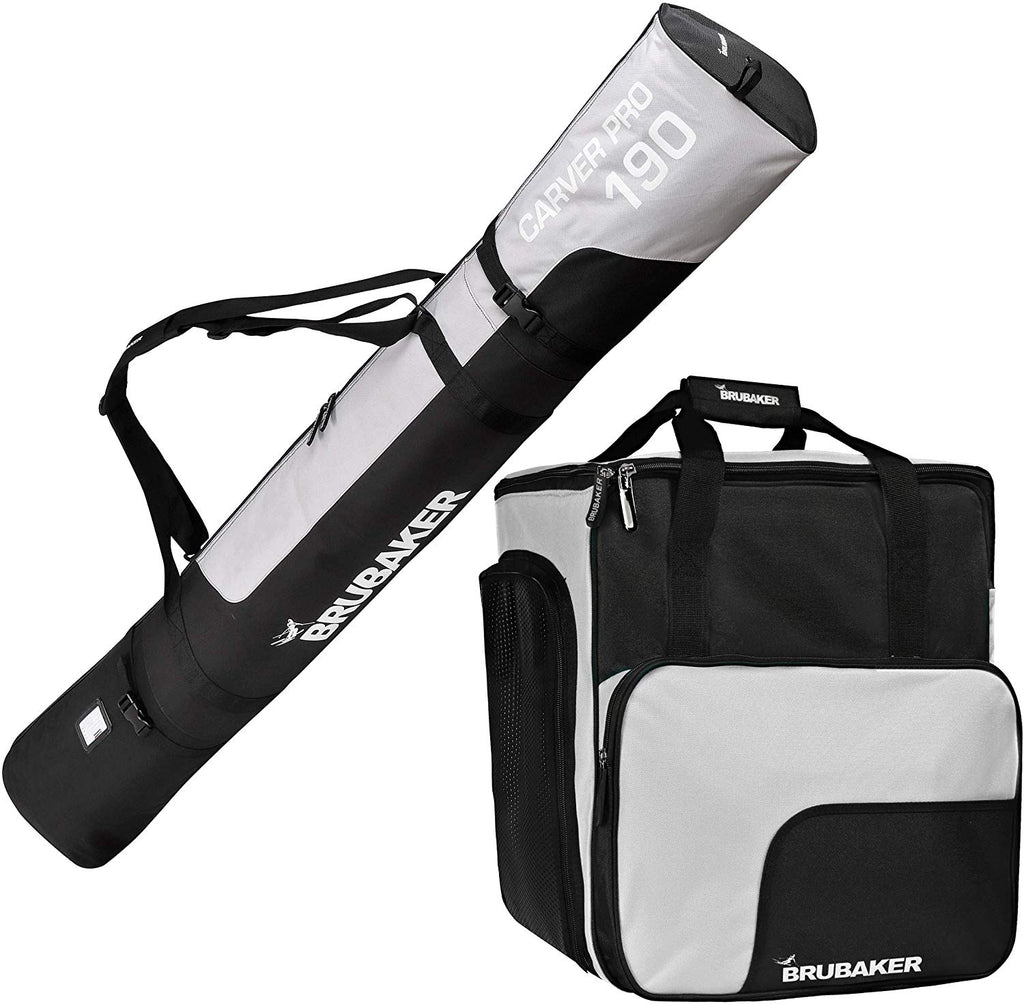BRUBAKER Combo Set CarverPro XP - Ski Bag with Padded Shoulder Straps and Ski Boot Bag for 1 Pair of Skis + Poles + Boots + Helmet - Black Silver (190 cm )
