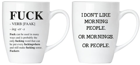 BRUBAKER Set of 2 Ceramic Mugs - "FUCK" & "I don't like Mornings" - Greeting Card included