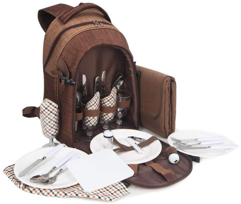BRUBAKER Picnic Backpack for 4 Persons - Brown - 11×8×17 - with Cooler Compartment & Blanket