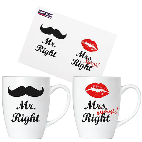 Coffee or Tea Mug Set "Mr. Right & Mrs. ALWAYS Right" - Set of 2 Ceramic Mugs in Gift Box with Gift Card - Perfect Gift for Couples