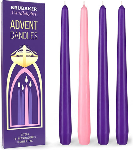 BRUBAKER 4 pcs Advent Candles Purple and Pink - 10 Inch Taper Candles for Christmas, Church and Celebrations - Unscented and Dripless - Made in Europe
