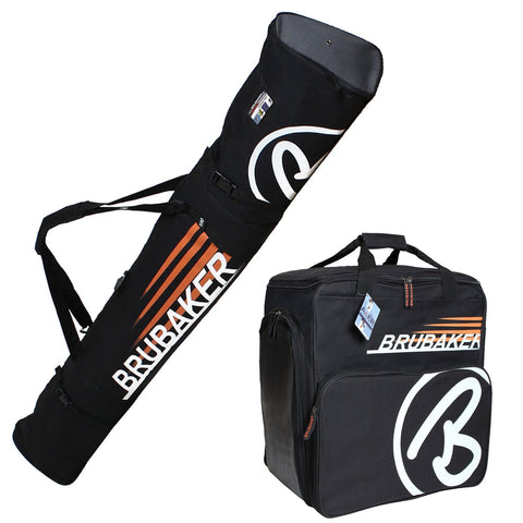 BRUBAKER "Champion" - Ski Boot Bag and Ski Bag for 1 Pair of Ski, Poles, Boots and Helmet - Black Orange