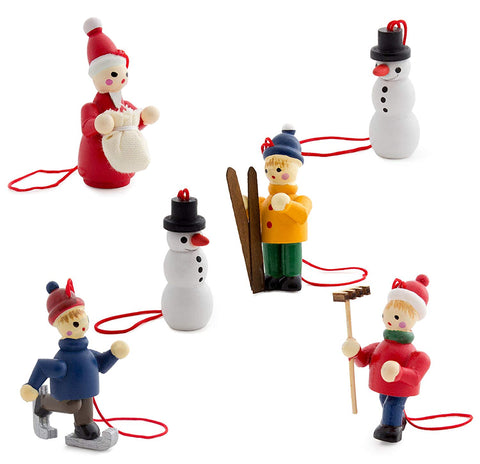 BRUBAKER 6 Handpainted Wooden Christmas Tree Ornaments Winter Outdoor Activity - Santa Claus, Snowman, Ice Skater, Skier - Designed in Germany