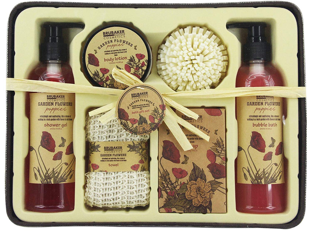 BRUBAKER Cosmetics 'Garden Flowers' 7-Pieces Bath Gift Set in Rustic Basket - Poppies Fragrance 15QE26