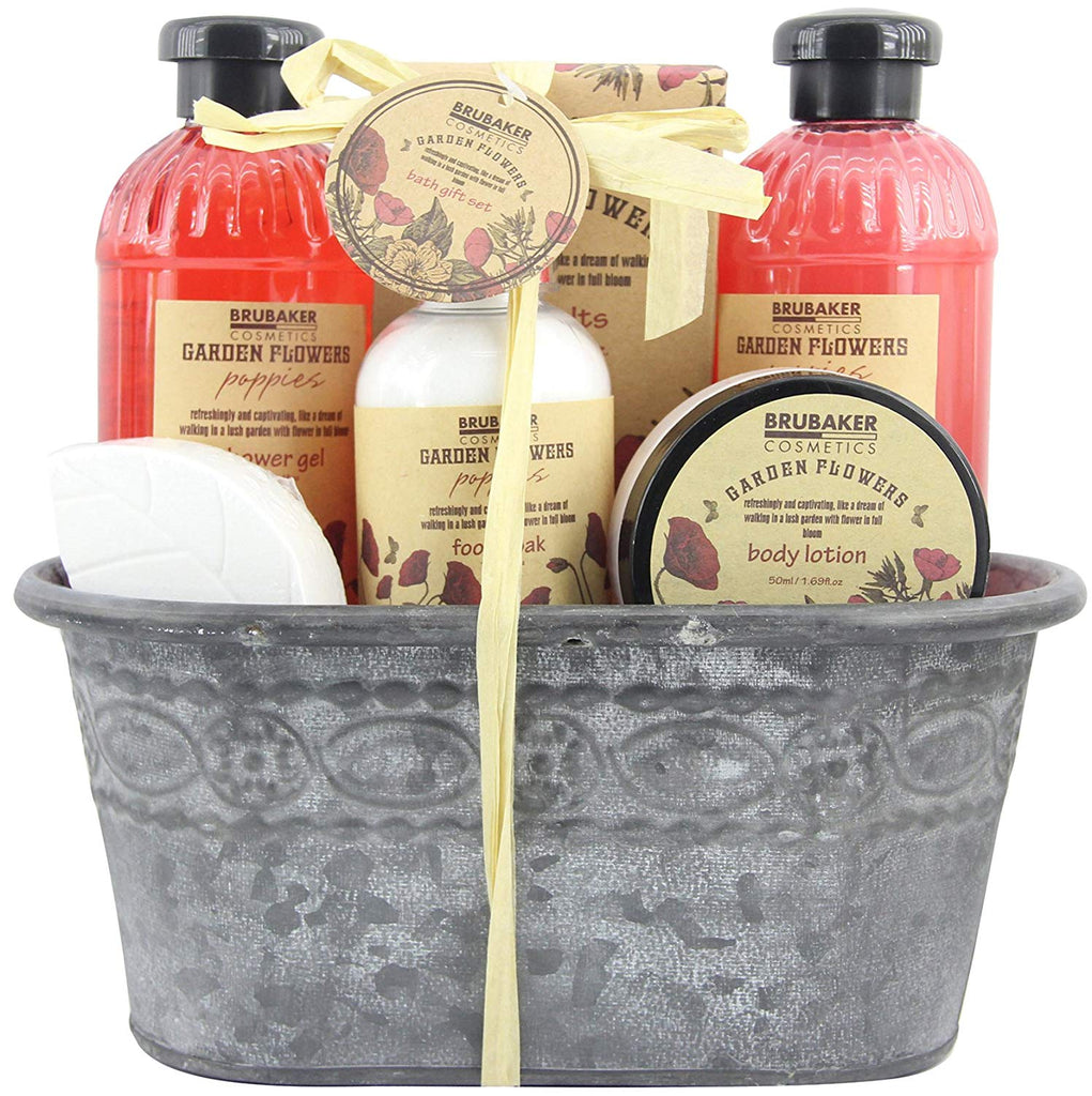 BRUBAKER Cosmetics 'Garden Flowers' 8-Pieces Bath Gift Set in Vintage Plant Container - Poppies Fragrance 15QE15