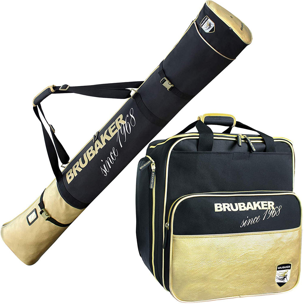 BRUBAKER Combo Ski Boot Bag and Ski Bag for 1 Pair of Skis, Poles, Boots, Helmet, Gear and Apparel - Available in 66 7/8" (170 cm) or 74 3/4" (190 cm) - Black/Golden