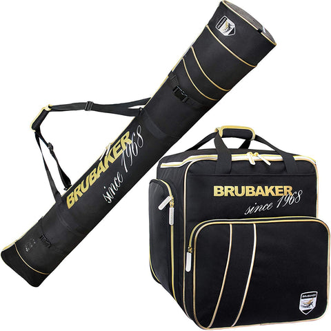 BRUBAKER Combo Ski Boot Bag and Ski Bag for 1 Pair of Skis, Poles, Boots, Helmet, Gear and Apparel - Available in 66 7/8" (170 cm) or 74 3/4" (190 cm) - Black/Golden