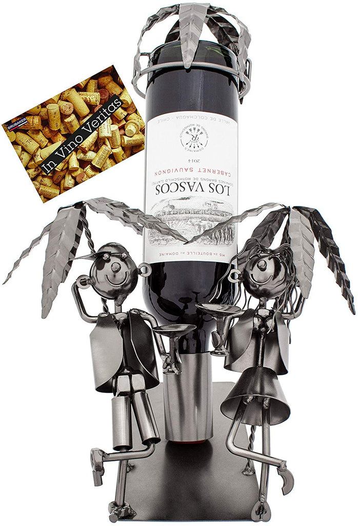 BRUBAKER Wine Bottle Holder 'Couple on Vacation' - Table Top Metal Sculpture - with Greeting Card