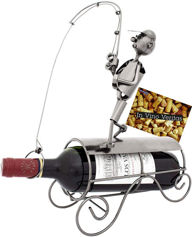 BRUBAKER Wine Bottle Holder 'Fisherman Catching Fish' - Table Top Metal Sculpture - with Greeting Card