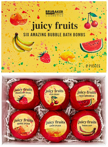 BRUBAKER 6 Handmade "Juicy Fruits" Bath Bombs - All Natural, Vegan, Organic Ingredients - Macadamia Nut Oil, Avocado Oil & Aloe Vera