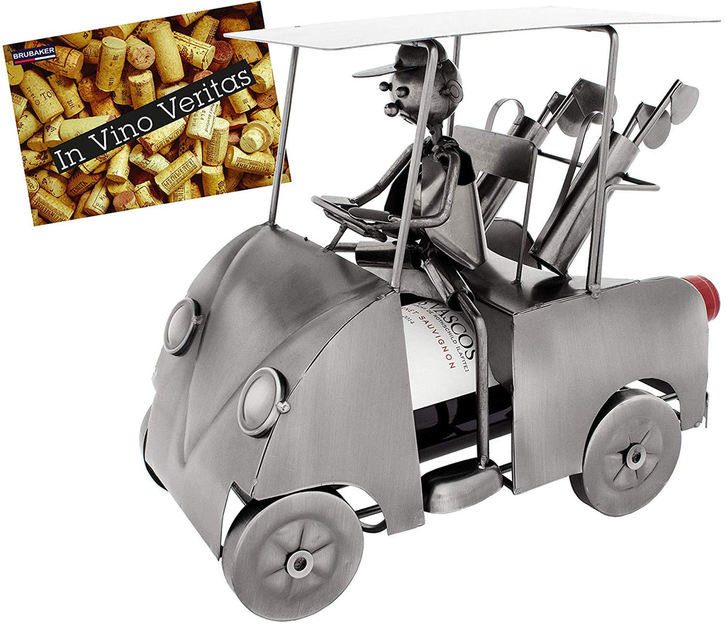 BRUBAKER Wine Bottle Holder 'Golfer in Golf Cart' - Table Top Metal Sculpture - with Greeting Card