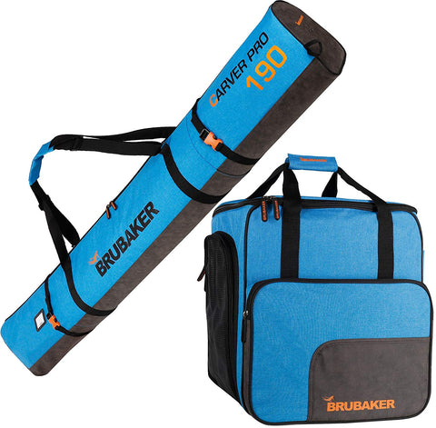 BRUBAKER Combo Set Carver Performance - Ski Bag and Ski Boot Bag for 1 Pair of Skis + Poles + Boots + Helmet - Blue Black