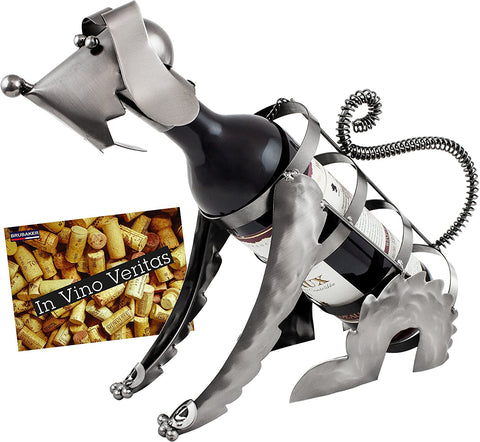 BRUBAKER Wine Bottle Holder "Dog" - Metal Sculpture - Wine Rack Decor - Tabletop - With Greeting Card