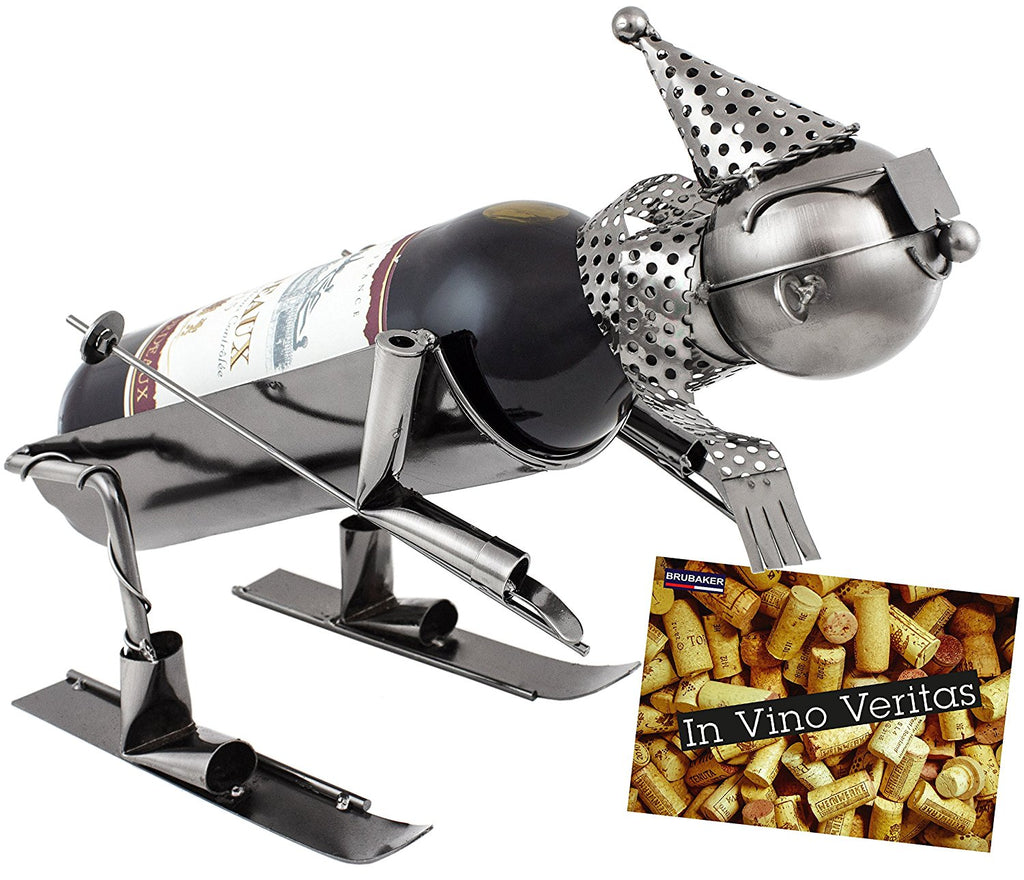 BRUBAKER Wine Bottle Holder "Skier" - Metal Sculpture - Wine Rack Decor - Tabletop - With Greeting Card