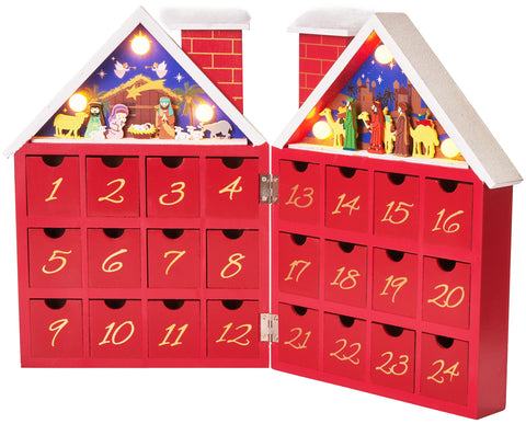 BRUBAKER Reusable Wooden Advent Calendar to Fill - Red Christmas House with Nativity Play and LED Lighting - DIY Christmas Calendar 8.27 x 3.54 x 11.81 inches