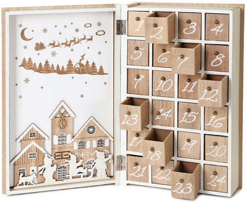 BRUBAKER Advent Calendar Wooden Christmas Book with 24 Drawers - White/Brown - 7.7 x 3 x 11.8 Inches
