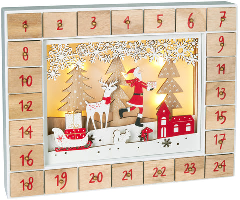 BRUBAKER Advent Calendar - Red Santa - Wooden Christmas Forest Scene with LED Lighting - 14 x 2.3 x 10.63 Inches