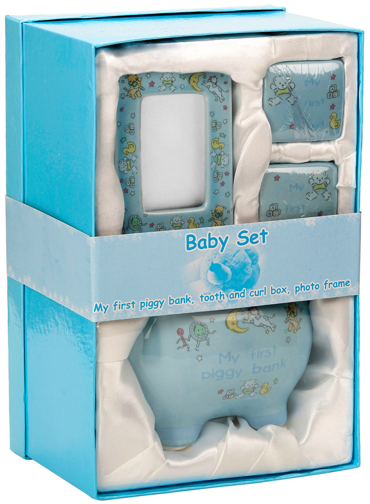 Brubaker My First Piggy Bank Gift Set for Baby Boy - 4 Pcs Keepsake Gift Set Includes Piggy Bank, First Curl, First Tooth and Photo Frame - Blue
