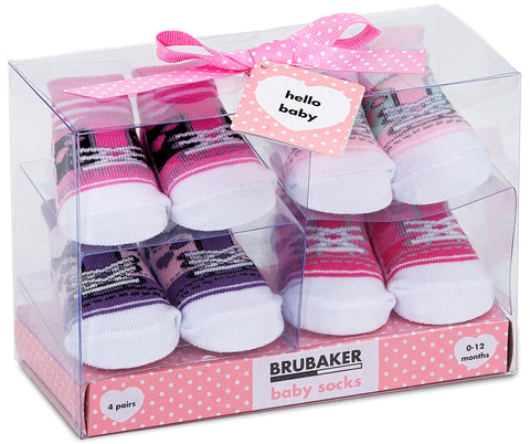 BRUBAKER 4 Pairs of Baby Girl Socks 0-12 Months - Fun Sneaker Animals  Frills Holiday Socks - in Gift Box