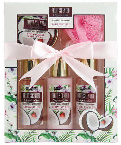 BRUBAKER Cosmetics Bath and Shower Set - Coconut and Strawberry Scent - 5 Pcs Spa Gift Set for Women - Skin Care Gift Box for Wife Girlfriend or Best Friend