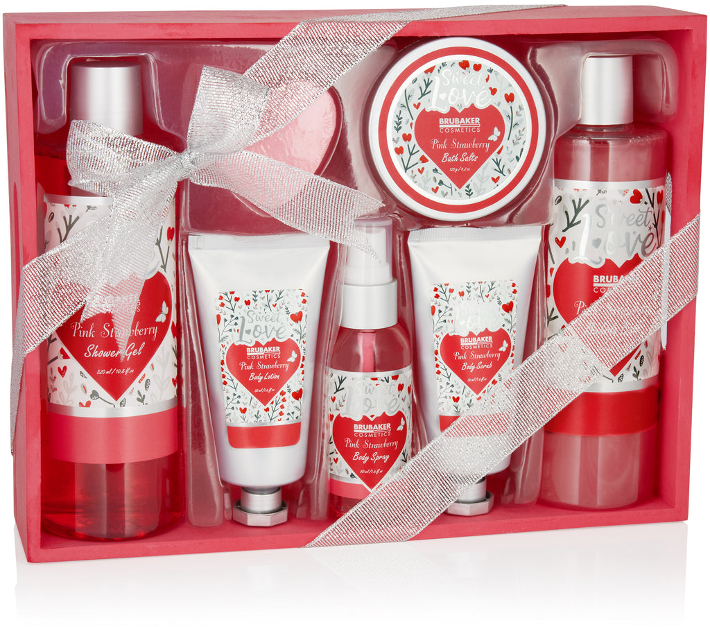 BRUBAKER Cosmetics 8-Pcs. Bath and Shower Set Strawberry Sweet Love in Deco Wooden Basket - Care Set Gift Set with Flowers Design - Pink