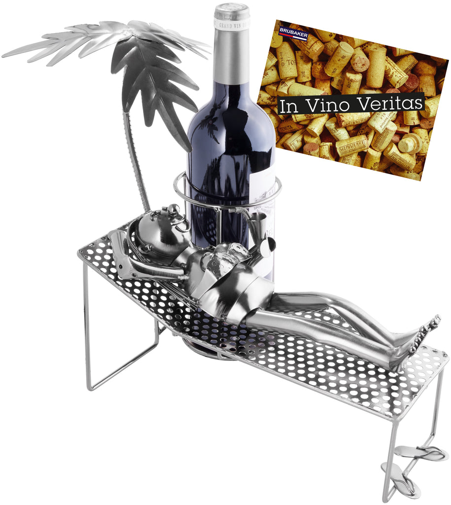 BRUBAKER Wine Bottle Holder Vacationer - Metal Sculpture Bottle Stand with Palm Tree and Lounger - Wine Gift with Greeting Card