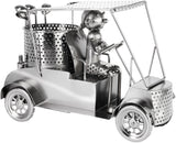 BRUBAKER Bottle Holder Female Golf Player in Golf Cart - Silver Metal Sculpture Wine Gift for Golfer and Sport Women - Wine Bottle Stand with Greeting Card