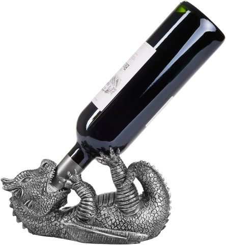 BRUBAKER Wine Bottle Holder Thirsty Dragon Silver - Fantasy Dragon Model - Table Top Bottle Decoration Hand Painted Figurine Wine Accessory - Funny Wine Gift