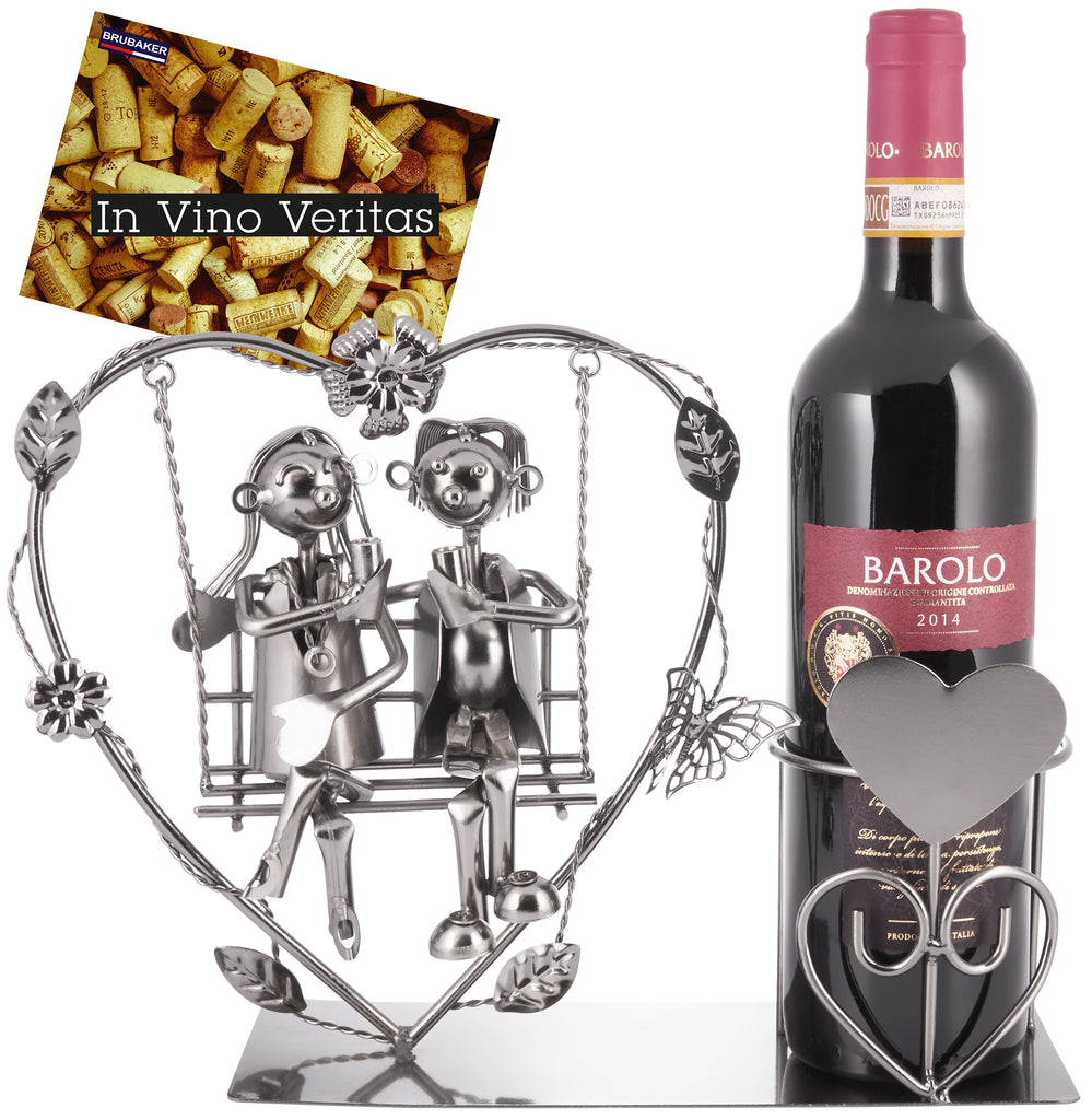 BRUBAKER Bottle Holder Wine - Heart with Couple on Swing - Romantic Metal Bottle Stand - Love Gift or Decoration Object - with Greeting Card