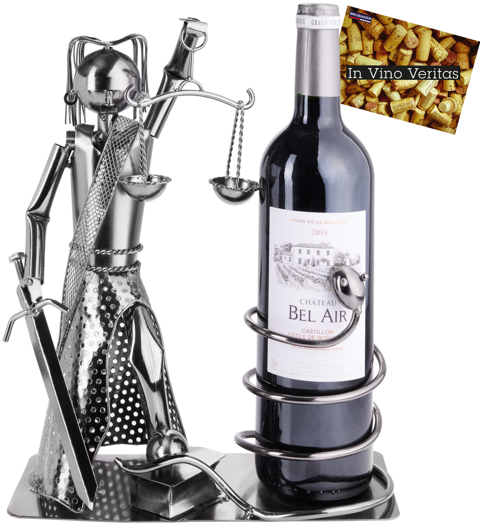 BRUBAKER Wine Bottle Holder Lady Justice with Snake - Metal Sculpture Bottle Stand - Metal Figure Wine Gift for Lawyer, Judge, Law Firm - with Greeting Card