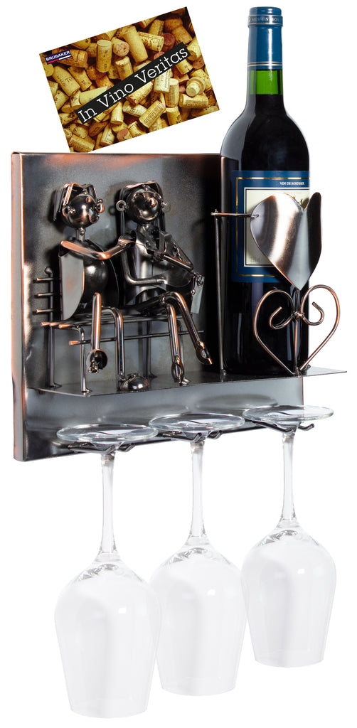 BRUBAKER Wine Bottle Holder Couple on Bench - Wall Mountable - 3 Glass Holders