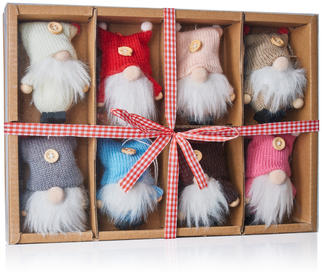 BRUBAKER 8-Piece Set Wooden and Knitted Christmas Gnomes - Tree Ornaments Pendants - 3.5 Inches - in Gift Box