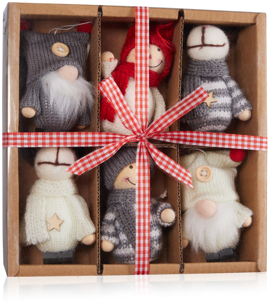 BRUBAKER 6-Piece Set Christmas Figures Made of Wood and Knit - Tree Pendants Reindeer Gnomes Winter Children - Large 3.5 - 4 Inches Tree Decorations Christmas Gnome in Gift Box