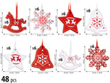 BRUBAKER 48-Pcs. Christmas Pendant Set - Tree Ornaments Red White Made of Wood 1.2 - 1.6 Inches - Rocking Horses Stars Bells - Wooden Pendants Christmas Tree Decoration