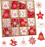 BRUBAKER 48-Pcs. Christmas Pendant Set - Tree Ornaments Red White Made of Wood 1.2 - 1.6 Inches - Rocking Horses Stars Bells - Wooden Pendants Christmas Tree Decoration