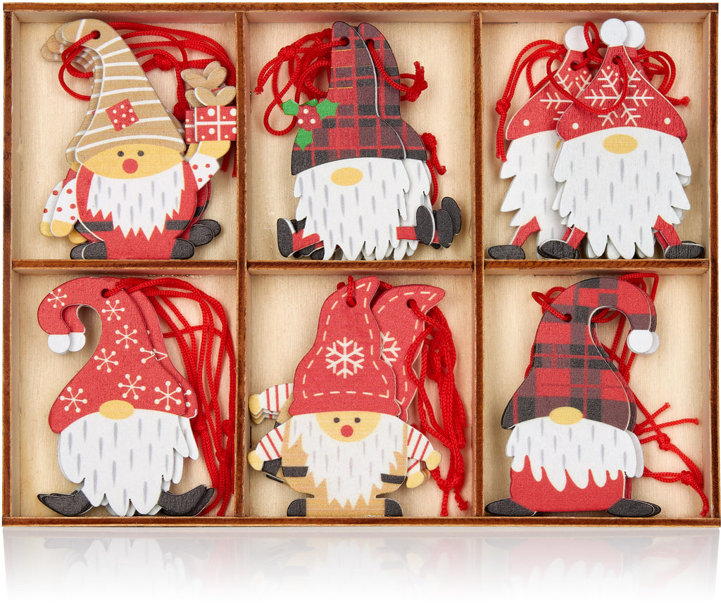 BRUBAKER 24-Piece Christmas Pendant Gnome Set - Wooden Tree Decorations 2.3 Inches - Funny Gnomes with Christmas Hats and Gifts - Wooden Christmas Pendants - Christmas Tree Decorations