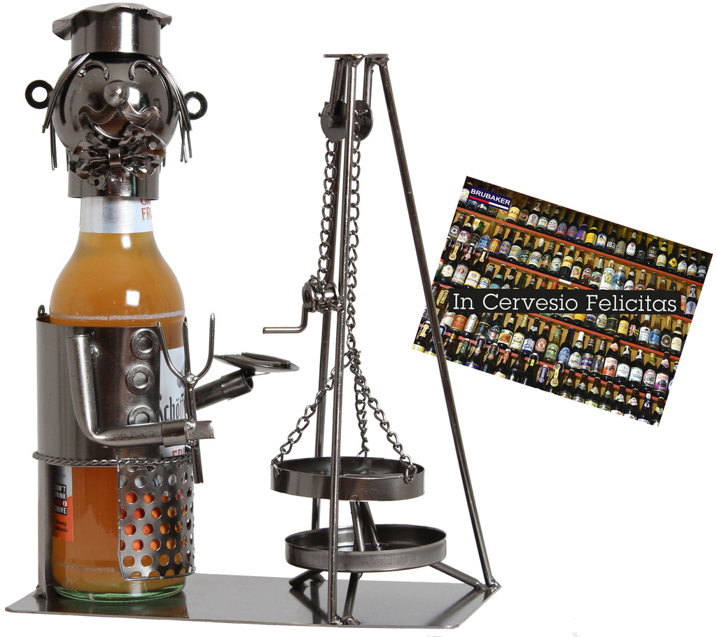 BRUBAKER Wine Bottle Holder "Swiveling Grill" - Metal Sculpture - Wine Rack Decor - Tabletop - With Greeting Card