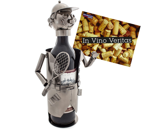 BRUBAKER Wine Bottle Holder "Tennis Player" - Metal Sculpture - Wine Rack Decor - Tabletop - With Greeting Card